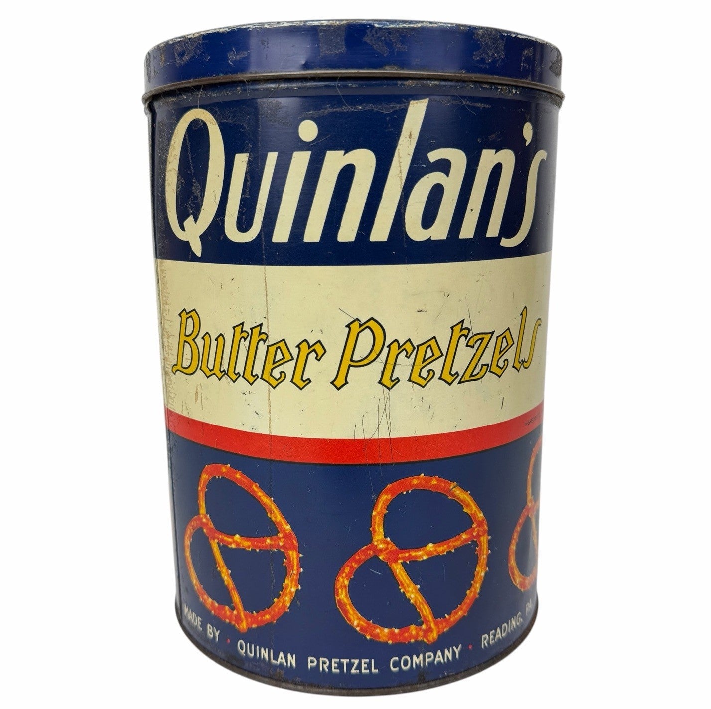 Vintage 1960's QUINLAN’S Butter Pretzel Twists Can Tin Reading, PA 12 oz.