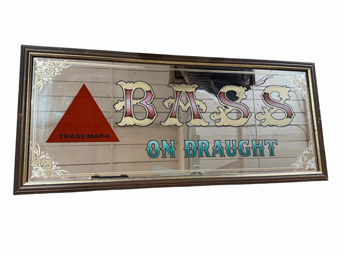 Vintage BASS On Draught Framed Mirror Beer Ale Pub Sign 32x14” Advertising