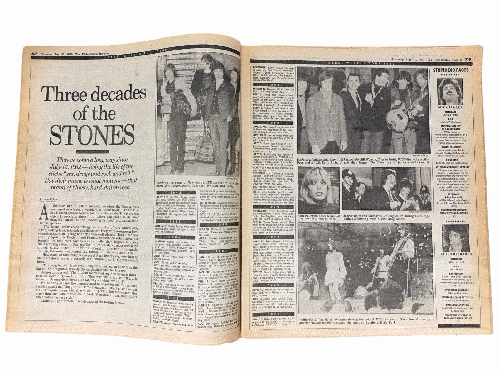 Vintage 1989 ROLLING STONES Steel Wheels Tour PHILADELPHIA INQUIRER Newspaper