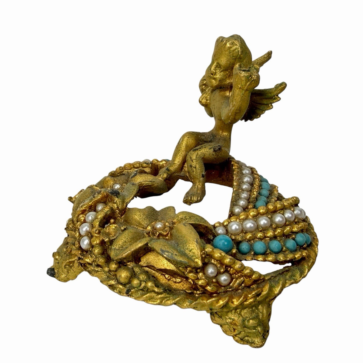 Mirella Gold Cherub Jeweled Faux Pearl Turquoise Ring Stand BASE ONLY