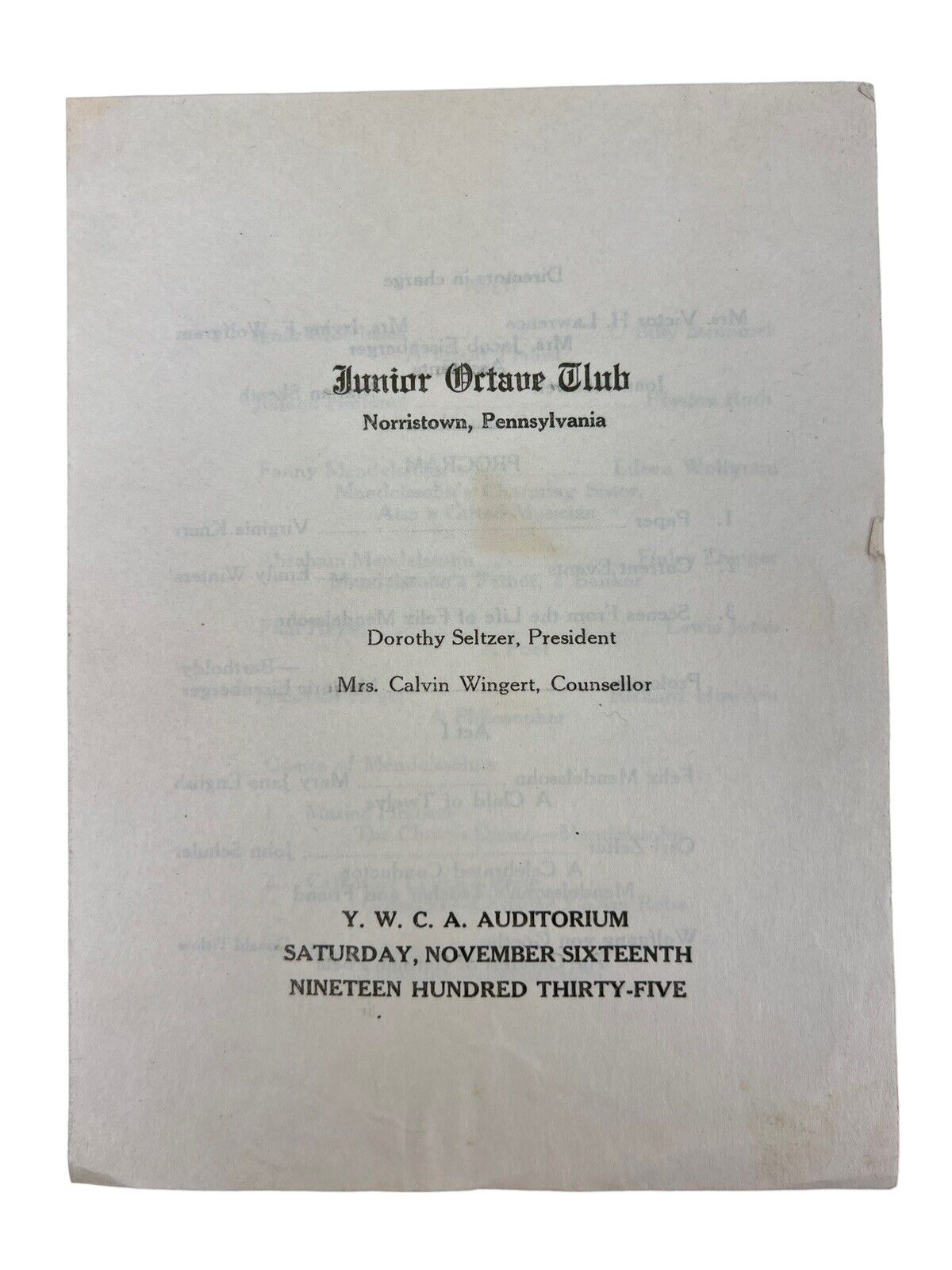 Old Concert Program Vintage 1935 & 1936 JUNIOR OCTAVE CLUB Concert Program CHRISTMAS Norri ...