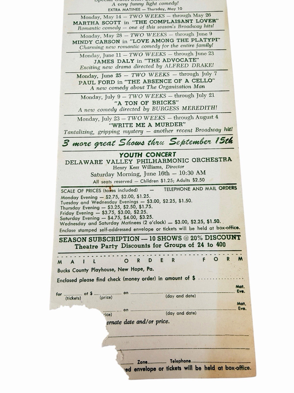 Vintage 1962 Bucks County Playhouse NEW HOPE PA Playbill & Season Handbill Flyer