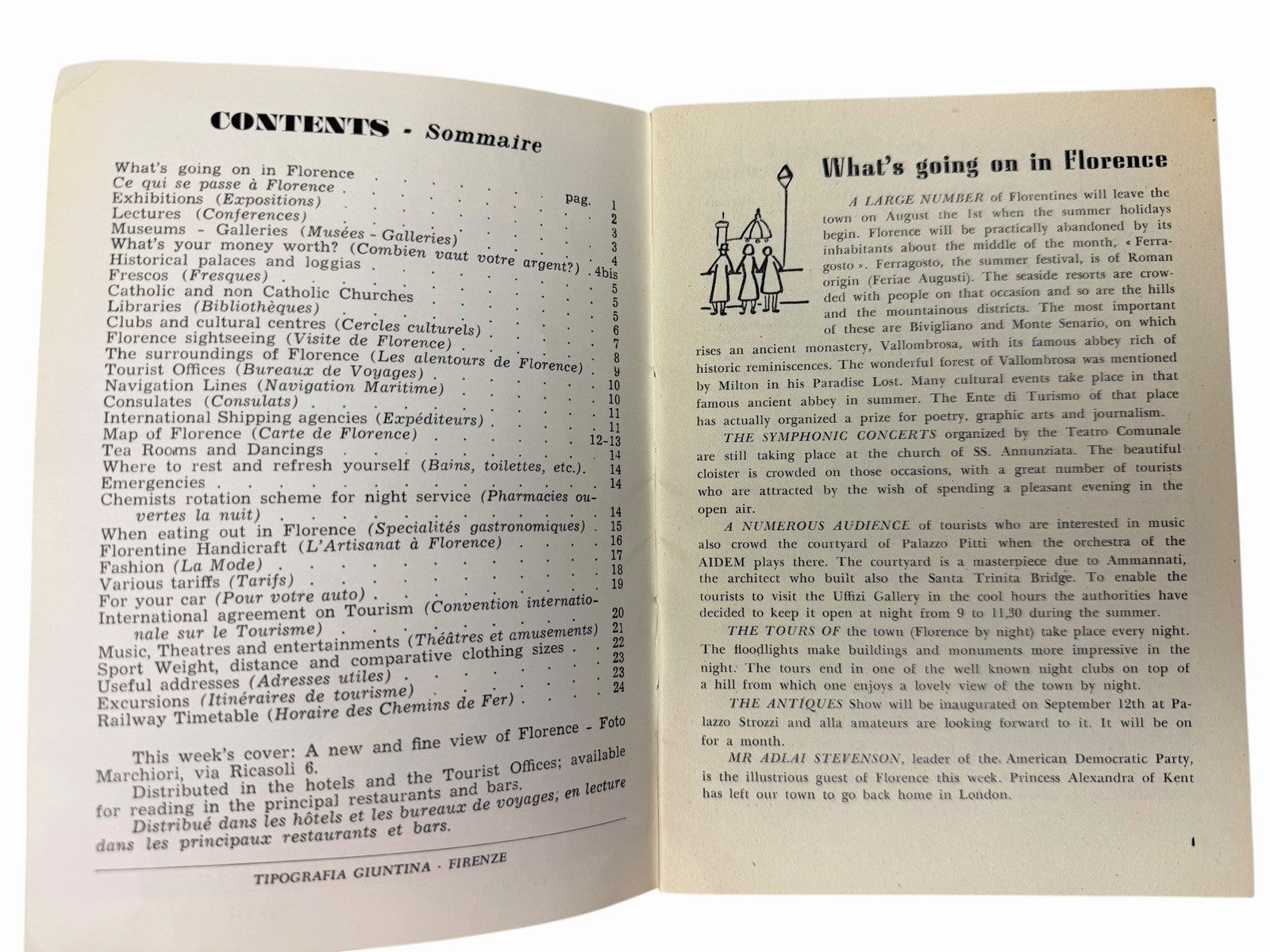 Vintage 1959 Italy FLORENCE WEEKLY Tourist Handbook Travel Map Ads Guide Book