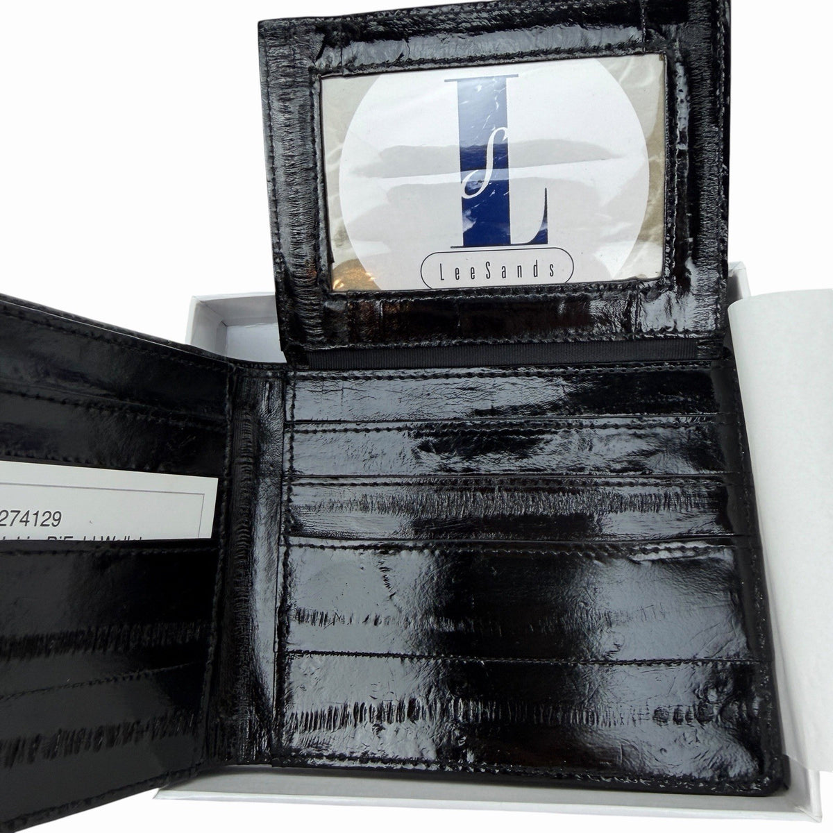 LEE SANDS Black EEL SKIN LEATHER Bifold Wallet RFID Window Flap NEW IN BOX