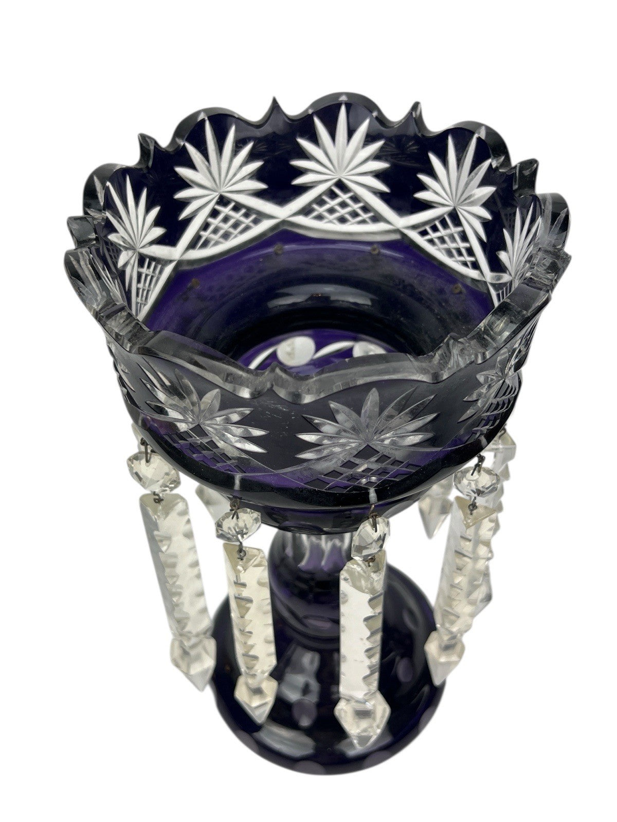 Antique Cut Crystal Amethyst To Clear PURPLE Mantle Lustre w/ Hanging Prisms