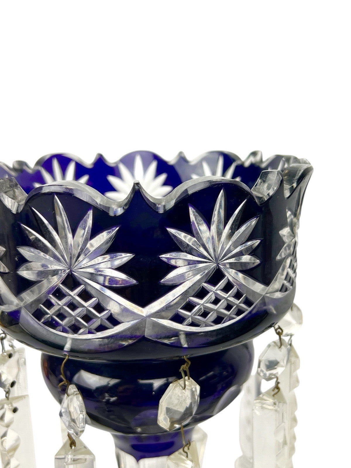 Antique Cut Crystal Amethyst To Clear PURPLE Mantle Lustre w/ Hanging Prisms