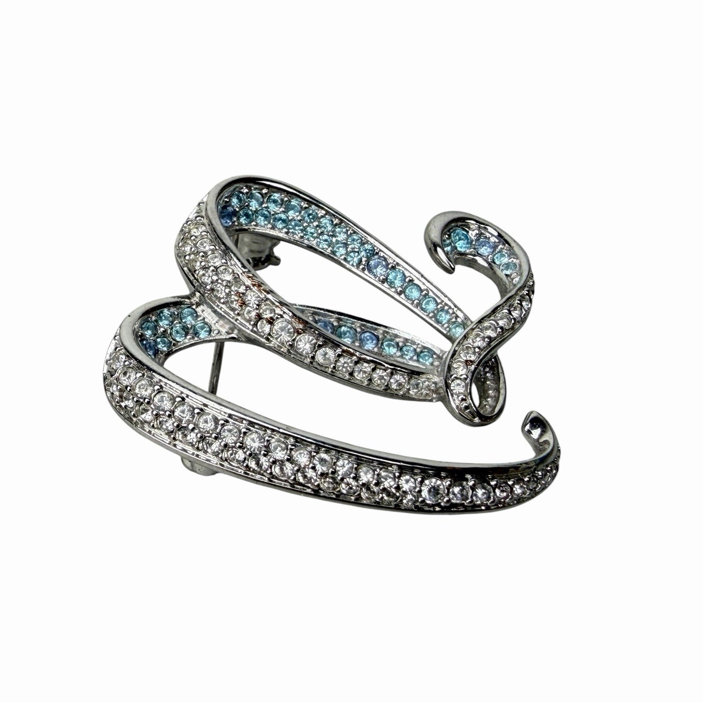 Vintage SWAROVSKI Blue & White Crystal Silver Rhinestone HEART RIBBON Brooch Pin
