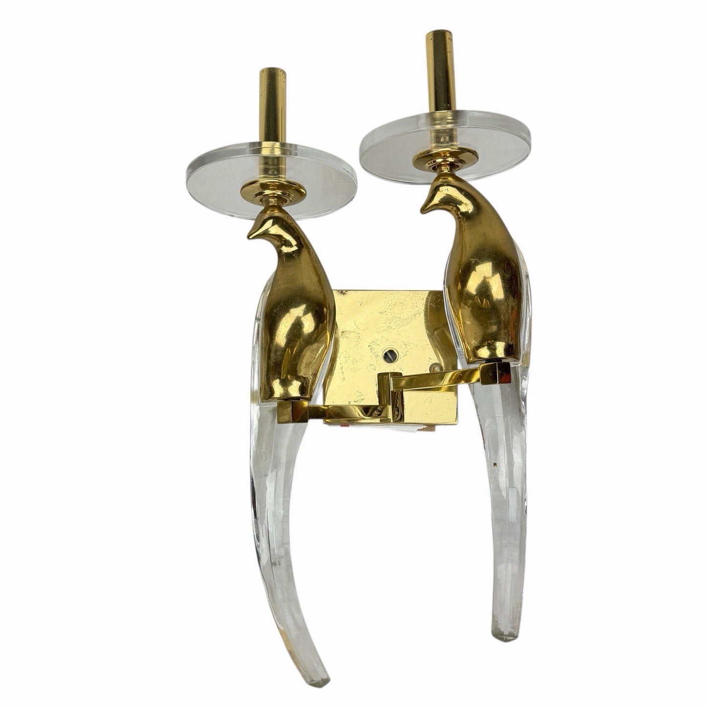 Vintage NULCO Birds Of Paradise SCONCE Double CRYSTAL & BRASS w/ Shades