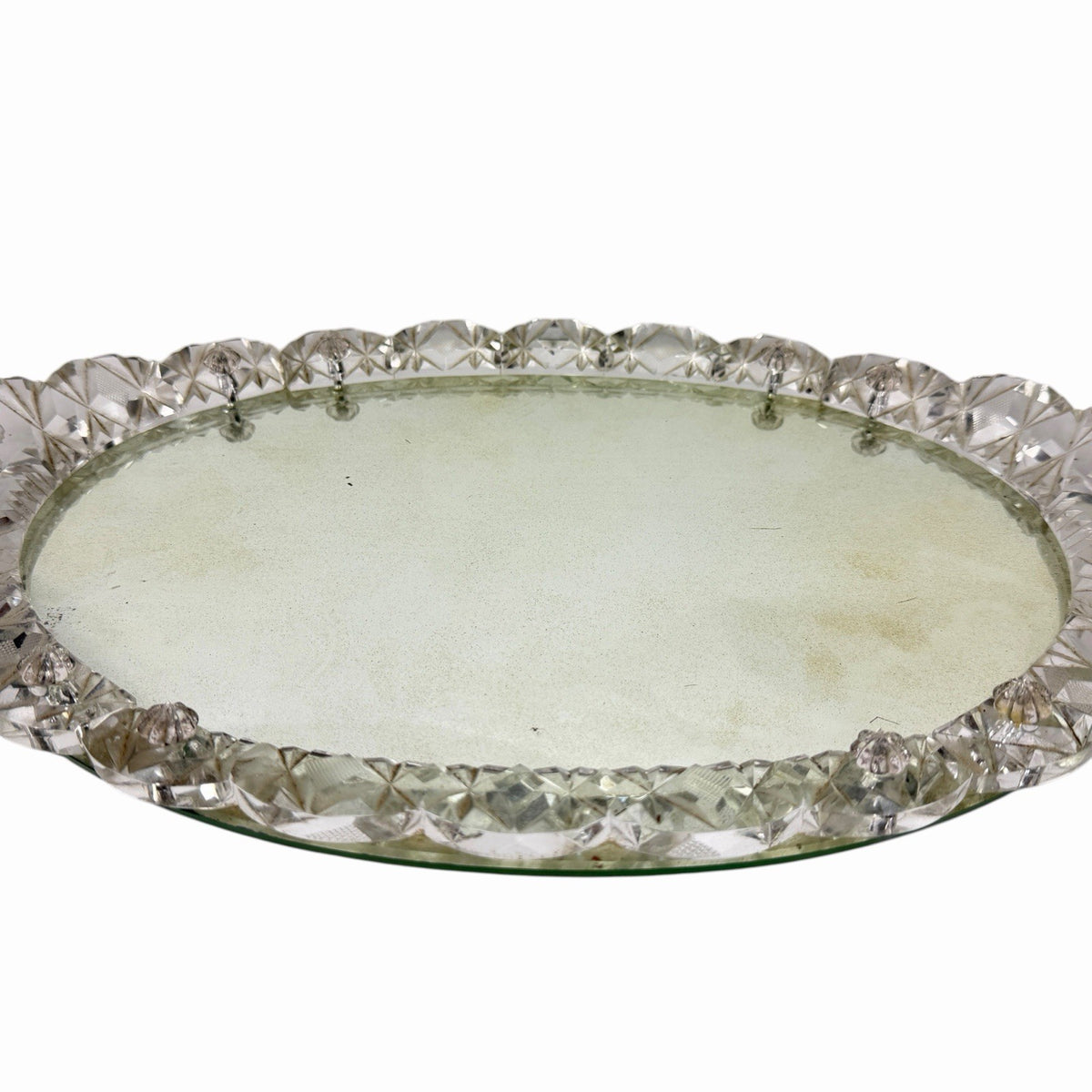 Vintage Oval Mirrored Perfume TRAY Vanity w/ Cut Crystal Glass Rim & Handles 17”