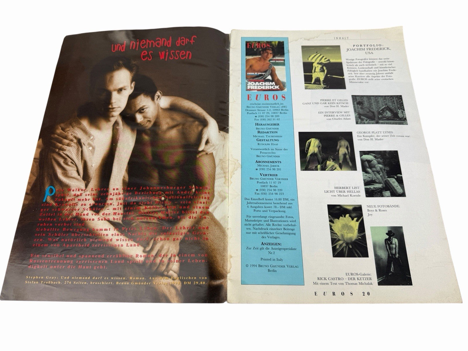 1994 EUROS Magazine #20 JOACHIM FREDERICK Rick Castro Vintage German Gay