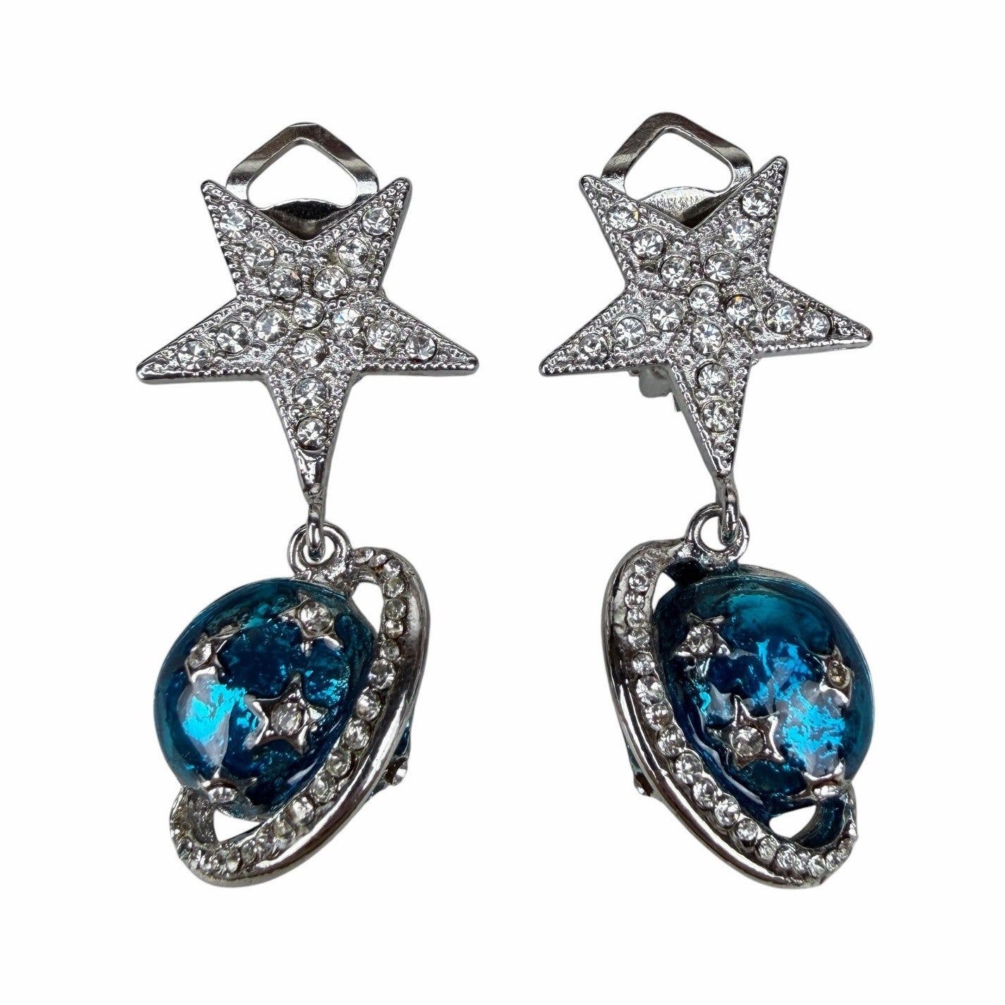 Vintage CARLO ZINI Couture STAR & PLANET Blue Enamel Crystal DANGLE EARRINGS Y2K