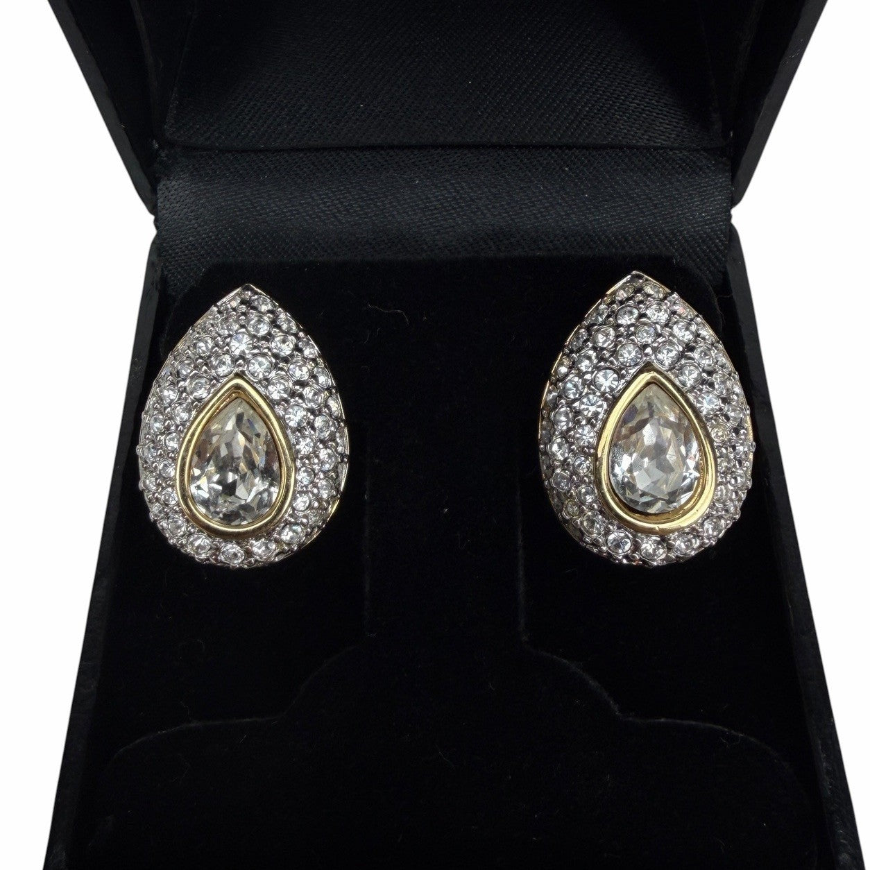 Vintage SWAROVSKI Teardrop Pear Gold Tone Crystal Pave Clip-On EARRINGS Costume