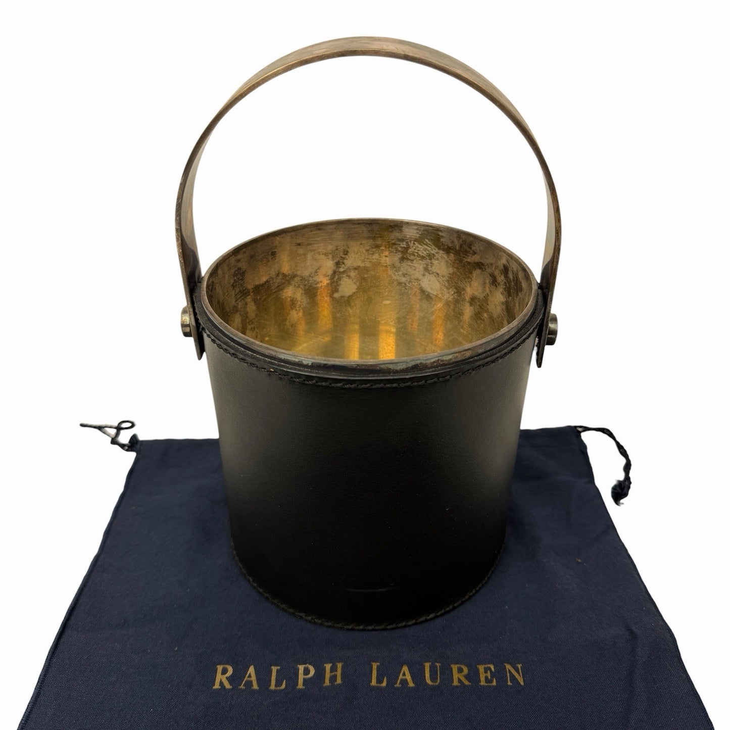 Vintage RALPH LAUREN Leather / Silver Plated ICE BUCKET w/ Swing Handle DUST BAG