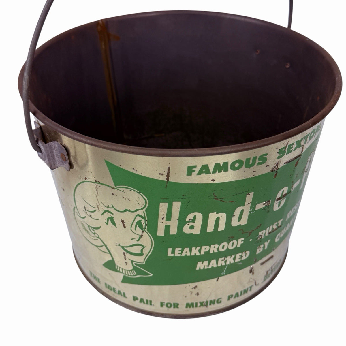 Vintage 1950s Famous Sexton HAND-E-PAIL  Advertising Tin Bucket Silkscreen Paint