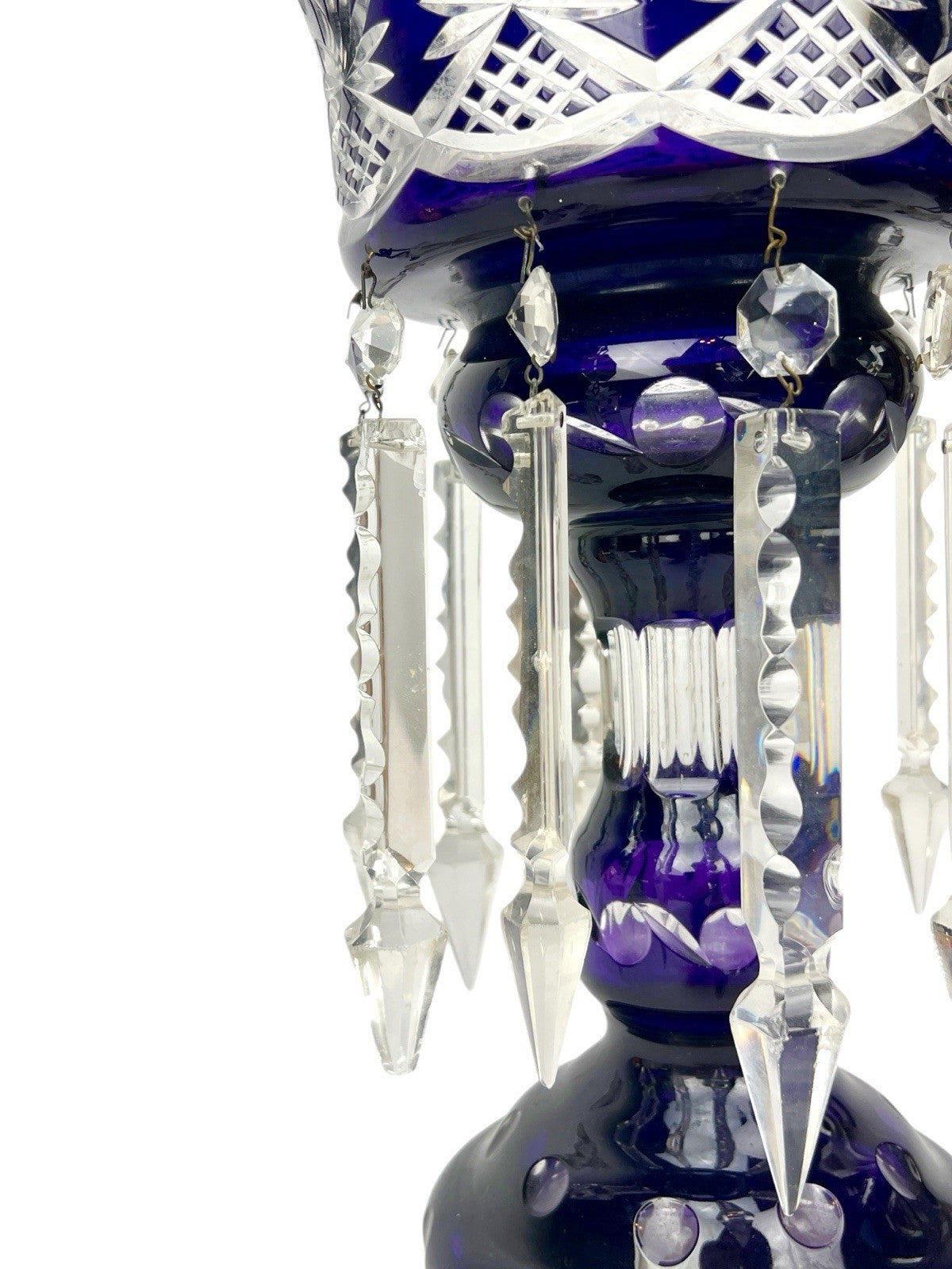 Antique Cut Crystal Amethyst To Clear PURPLE Mantle Lustre w/ Hanging Prisms