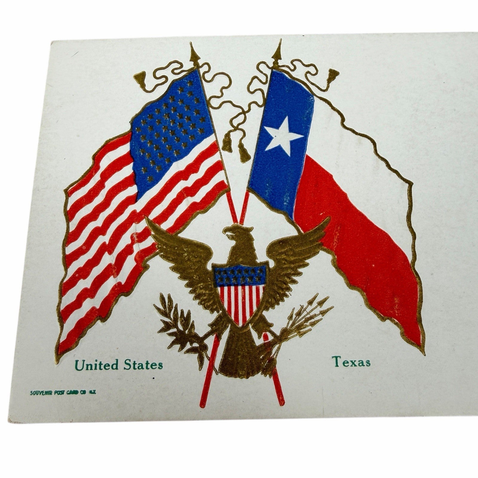 1908 TEXAS / UNITED STATES FLAG Embossed POSTCARD Souvenir Post Card Co