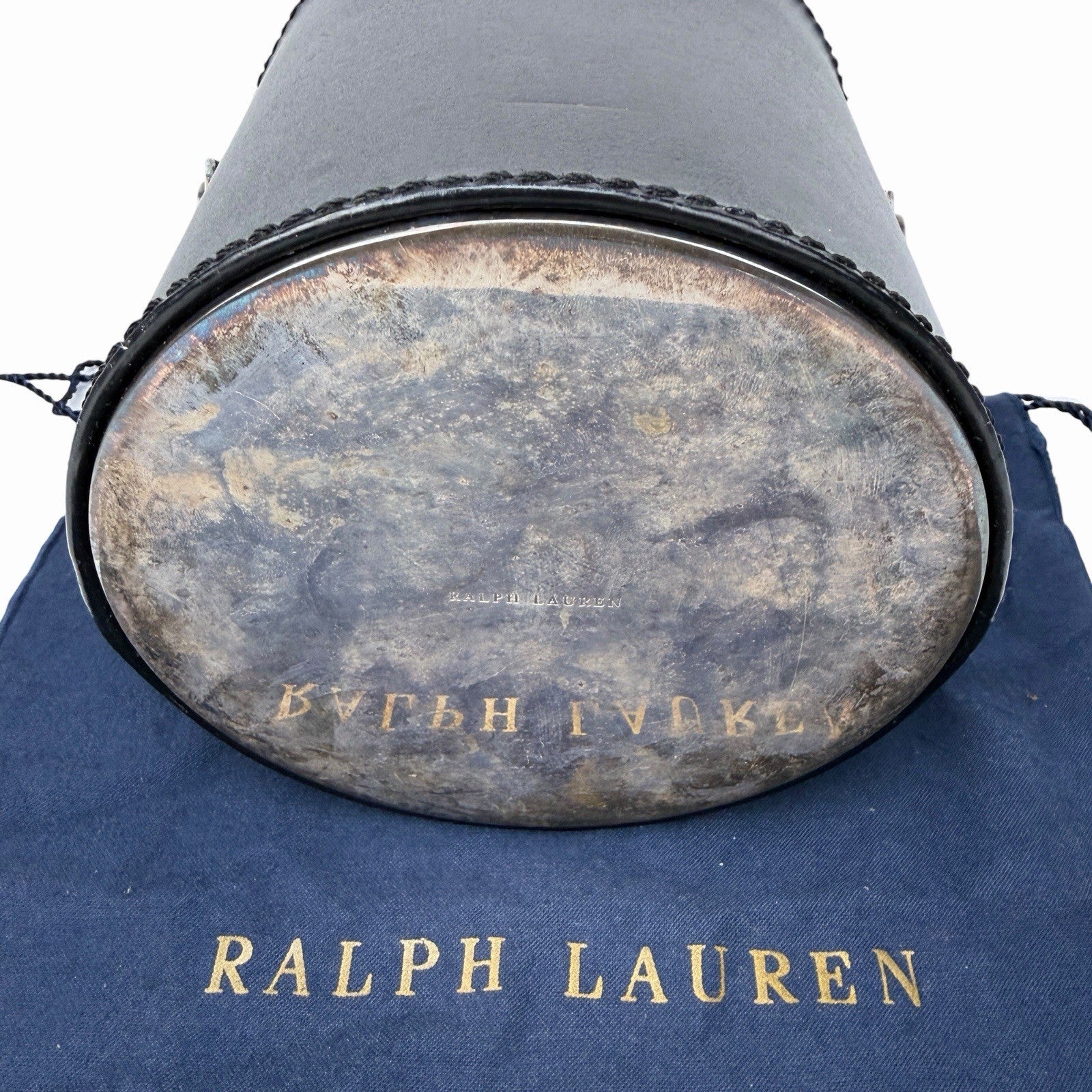 Vintage RALPH LAUREN Leather / Silver Plated ICE BUCKET w/ Swing Handle DUST BAG