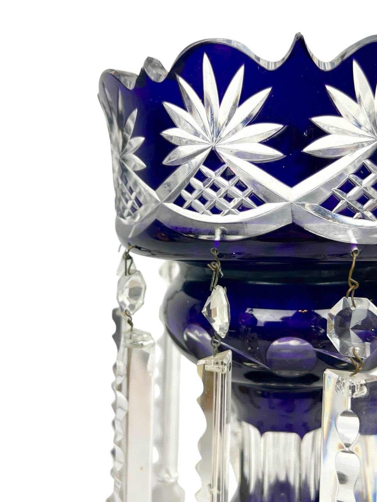 Antique Cut Crystal Amethyst To Clear PURPLE Mantle Lustre w/ Hanging Prisms