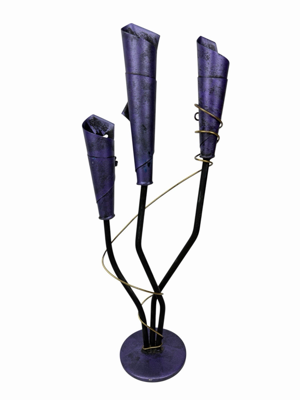Vintage Postmodern 3 CANDLE HOLDER 19” Purple Metal Sculpture Candelabra Memphis