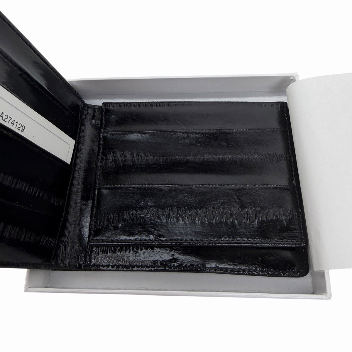 LEE SANDS Black EEL SKIN LEATHER Bifold Wallet RFID Window Flap NEW IN BOX