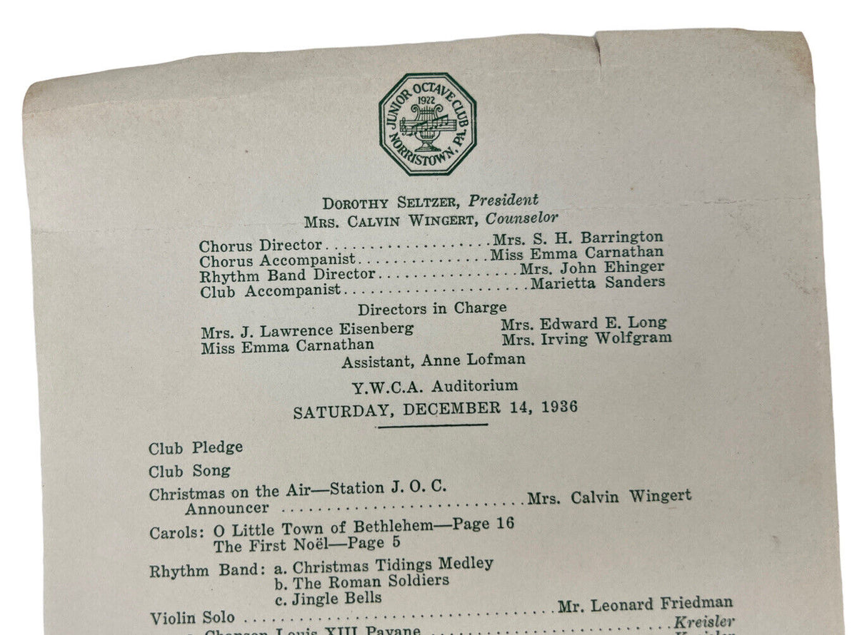 Old Concert Program Vintage 1935 & 1936 JUNIOR OCTAVE CLUB Concert Program CHRISTMAS Norri ...