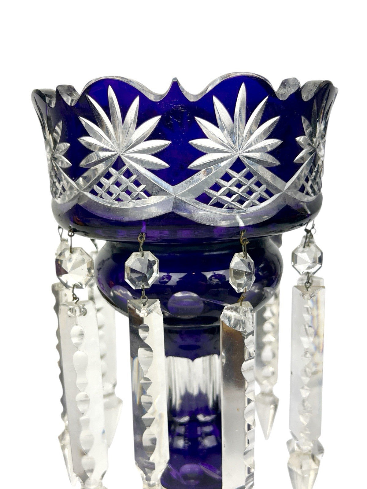 Antique Cut Crystal Amethyst To Clear PURPLE Mantle Lustre w/ Hanging Prisms