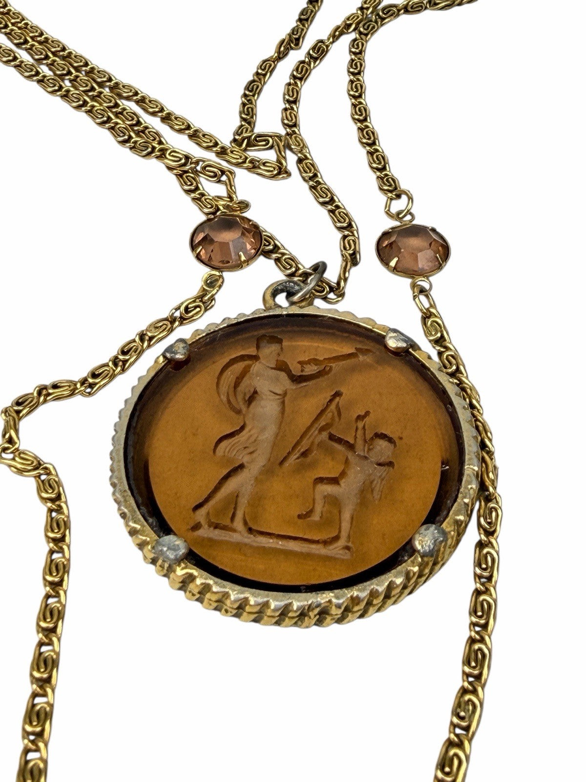 Vintage GOLDETTE Glass Intaglio Multi 3 Strand Long NECKLACE Amber CUPID / VENUS