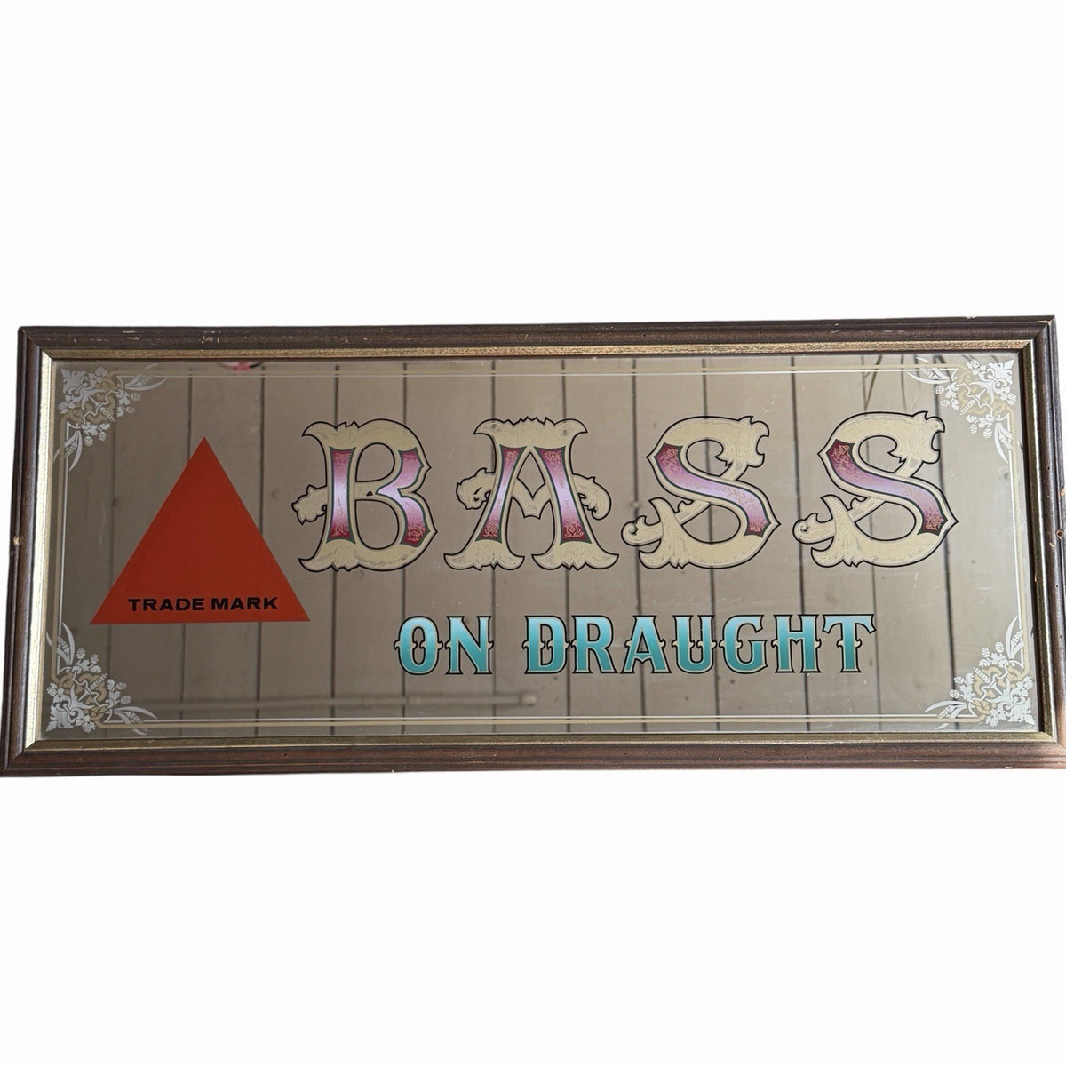 Vintage BASS On Draught Framed Mirror Beer Ale Pub Sign 32x14” Advertising