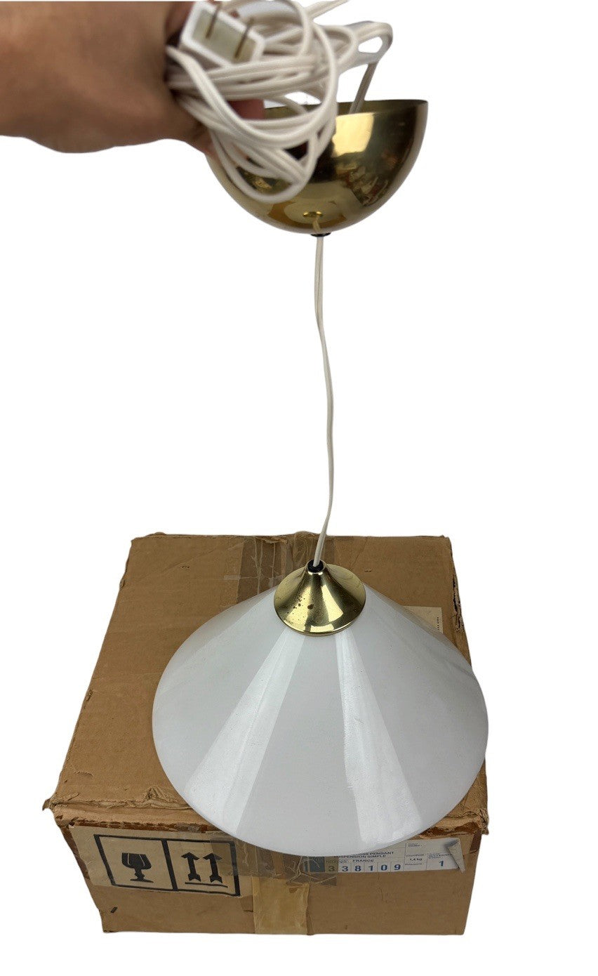 Vintage MCM Conran’s Habitat SCE France BRASS & GLASS CONE PENDANT LIGHT FIXTURE