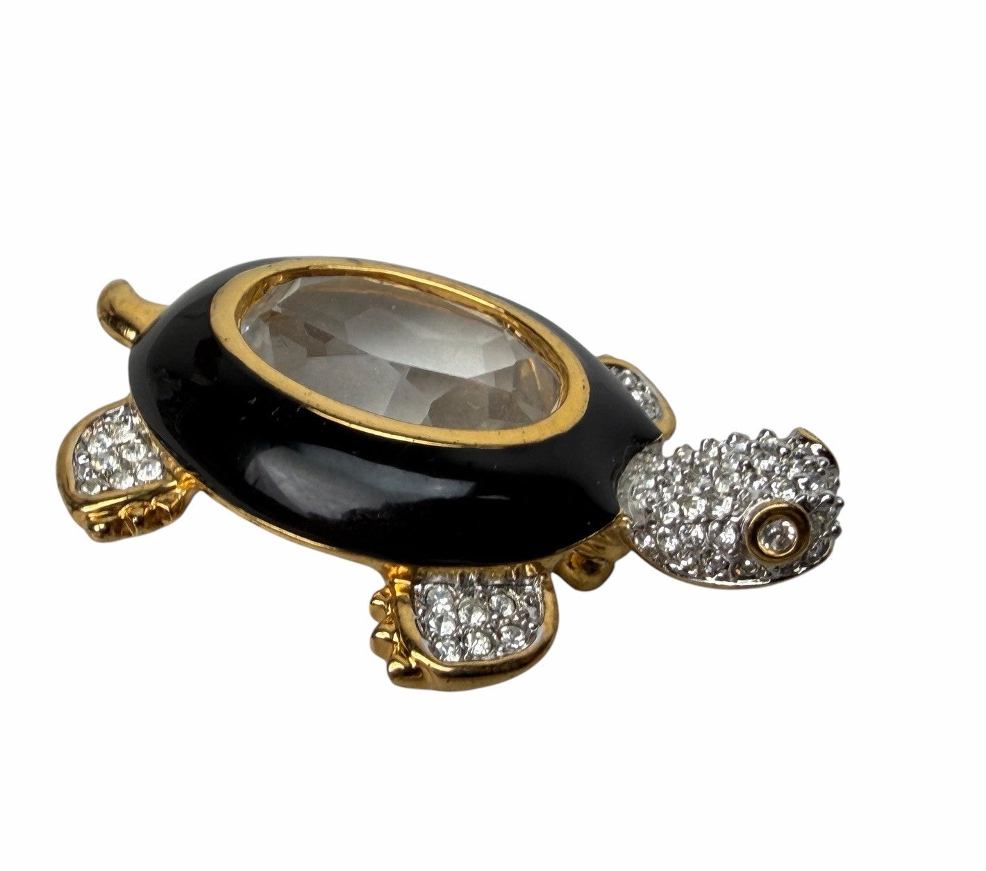 2 Swarovski Crystal Black & Gold TURTLE Tortoise Pin Brooches VINTAGE Enamel