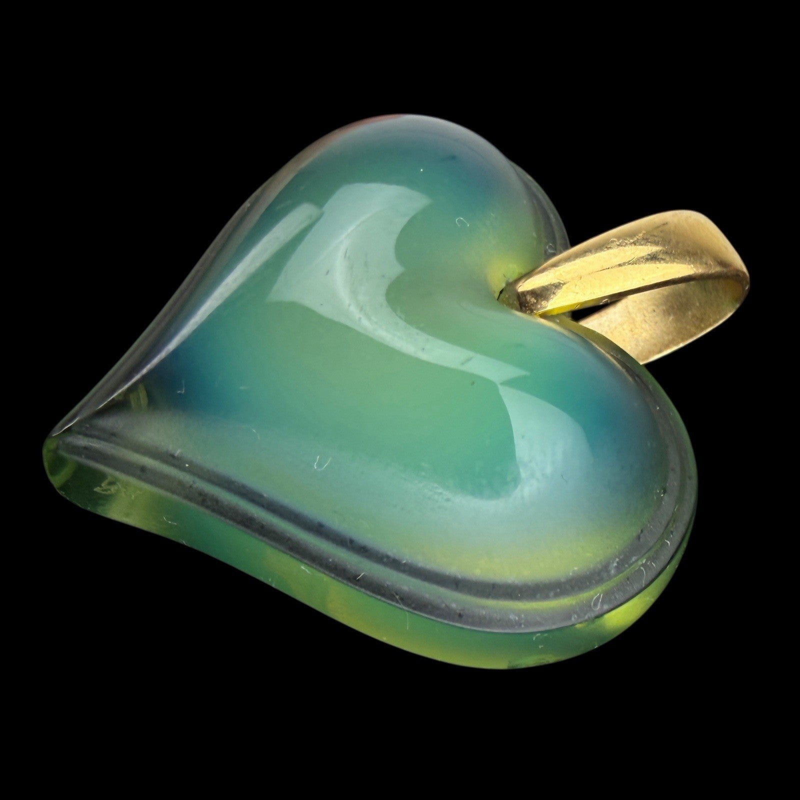LALIQUE Large Opalescent Green HEART PENDANT Crystal GOLD PLATED BAIL Necklace