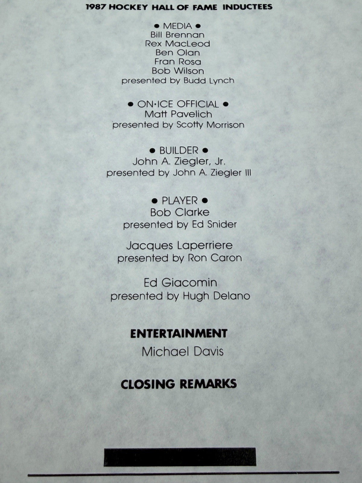 1987 HOCKEY HALL OF FAME Induction Dinner PROGRAM Detroit Red Wings BOB CLARKE