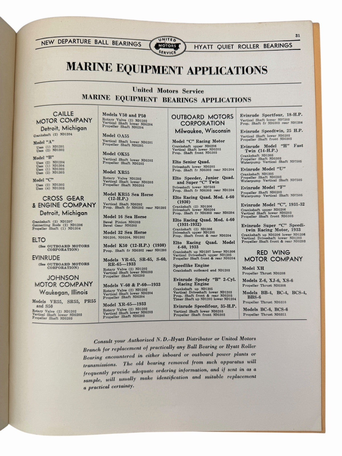 1933 New Departure & Hyatt Bearings Catalog Car & Truck GM United Motors Service