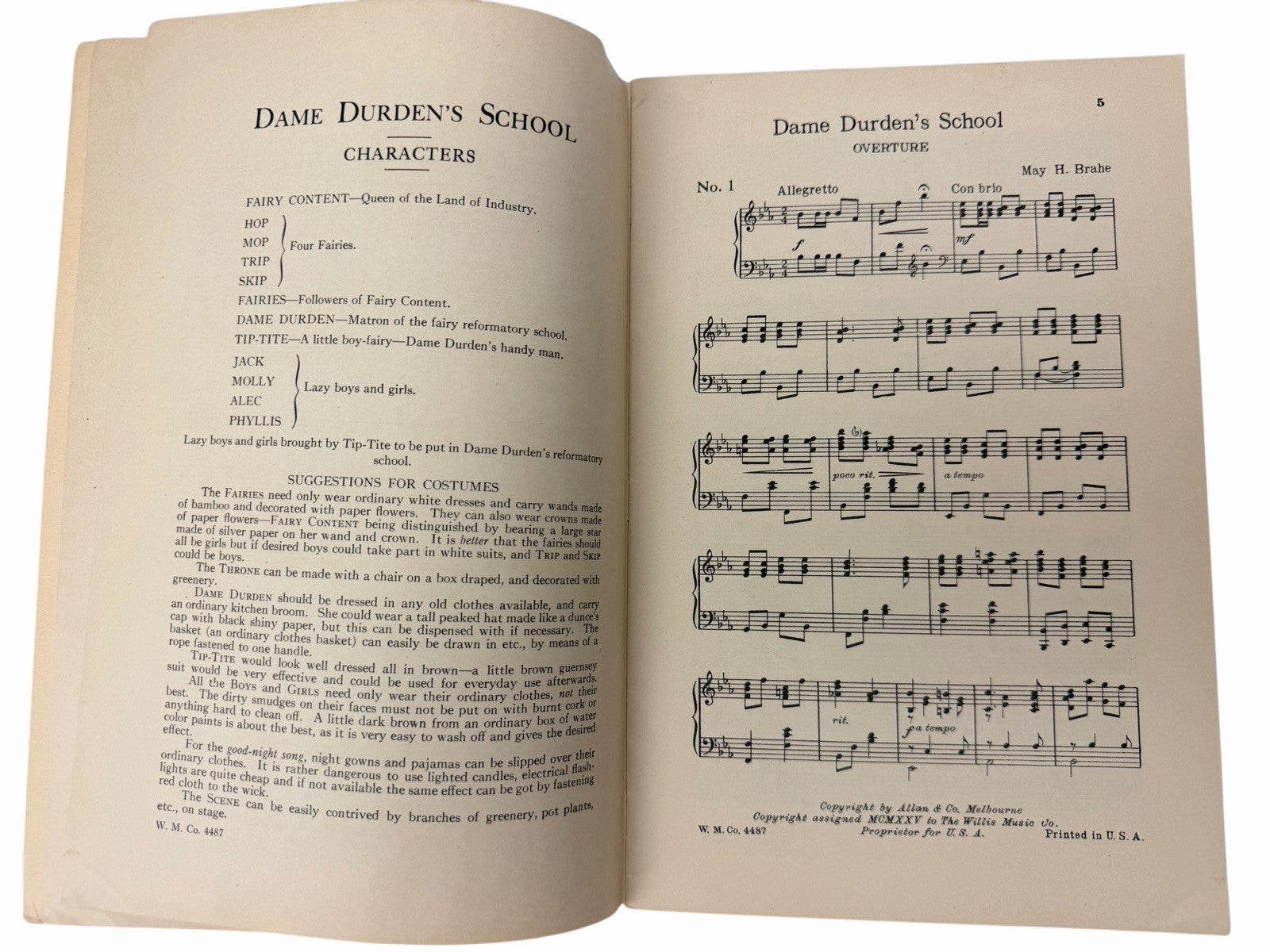May H Brahe DAME DURDEN’S SCHOOL Sheet Music Operetta WILLIS MUSIC CO D+G Hauman