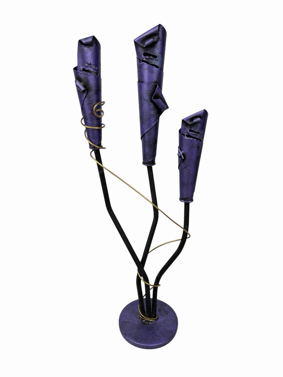 Vintage Postmodern 3 CANDLE HOLDER 19” Purple Metal Sculpture Candelabra Memphis