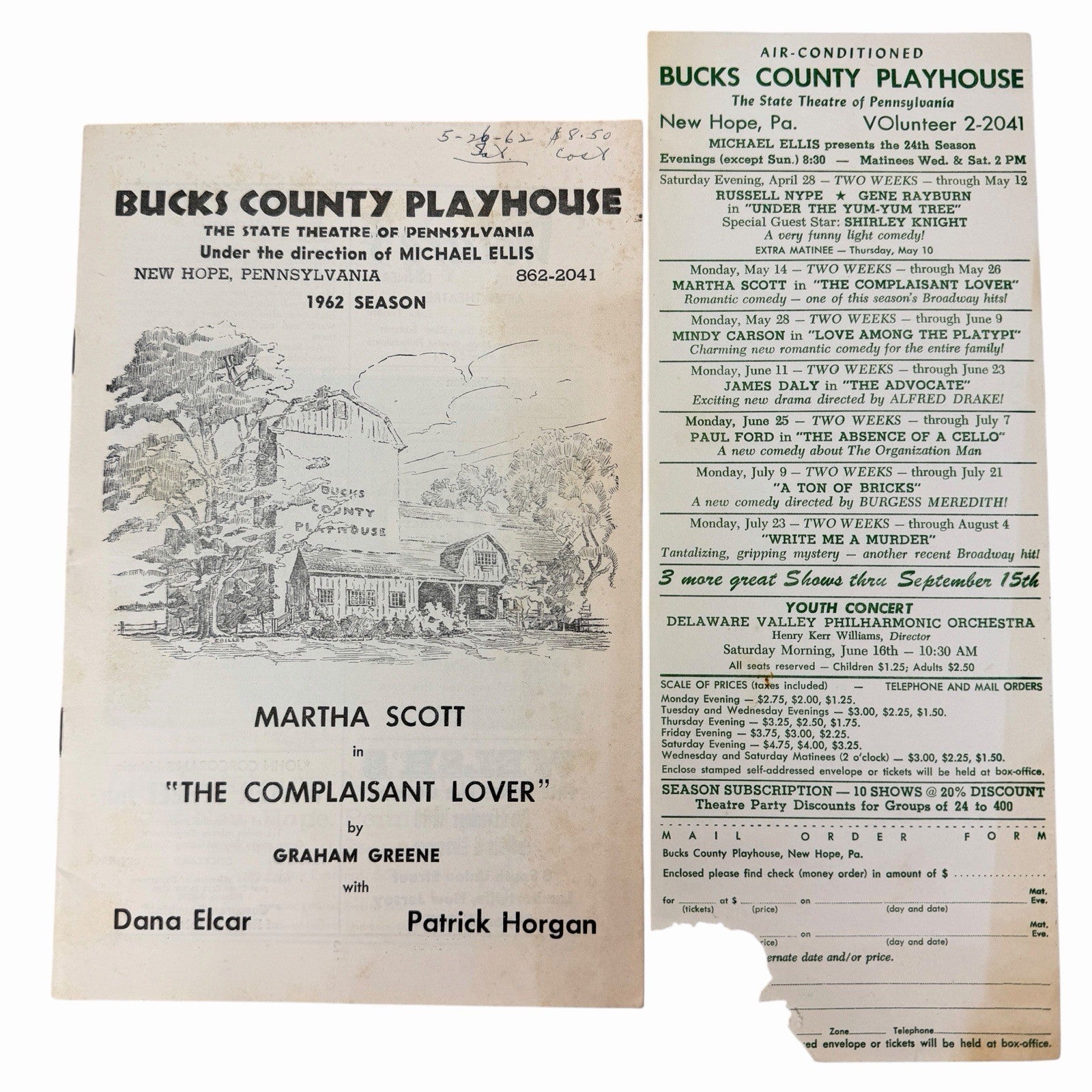 Vintage 1962 Bucks County Playhouse NEW HOPE PA Playbill & Season Handbill Flyer