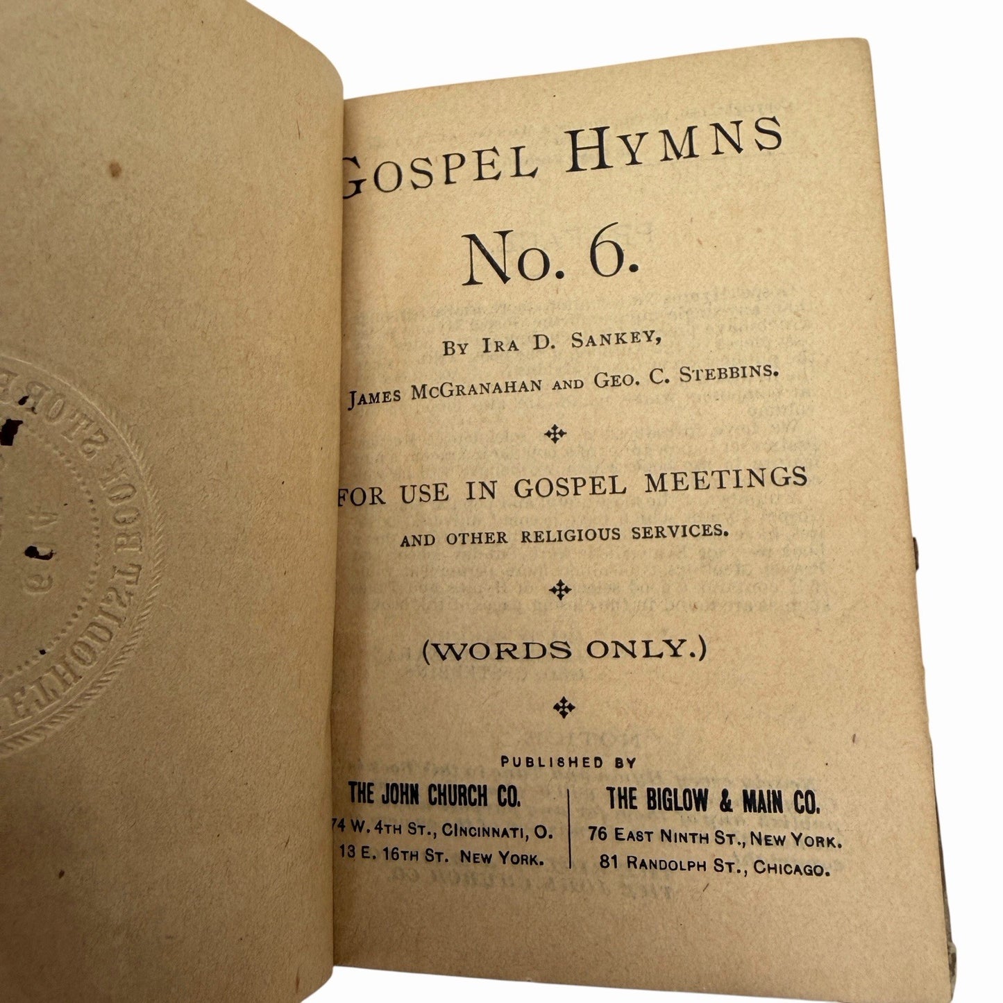 1891 Gospel Hymns No. 6 (Words Only) by Ira Sankey Biglow & Main / John Church