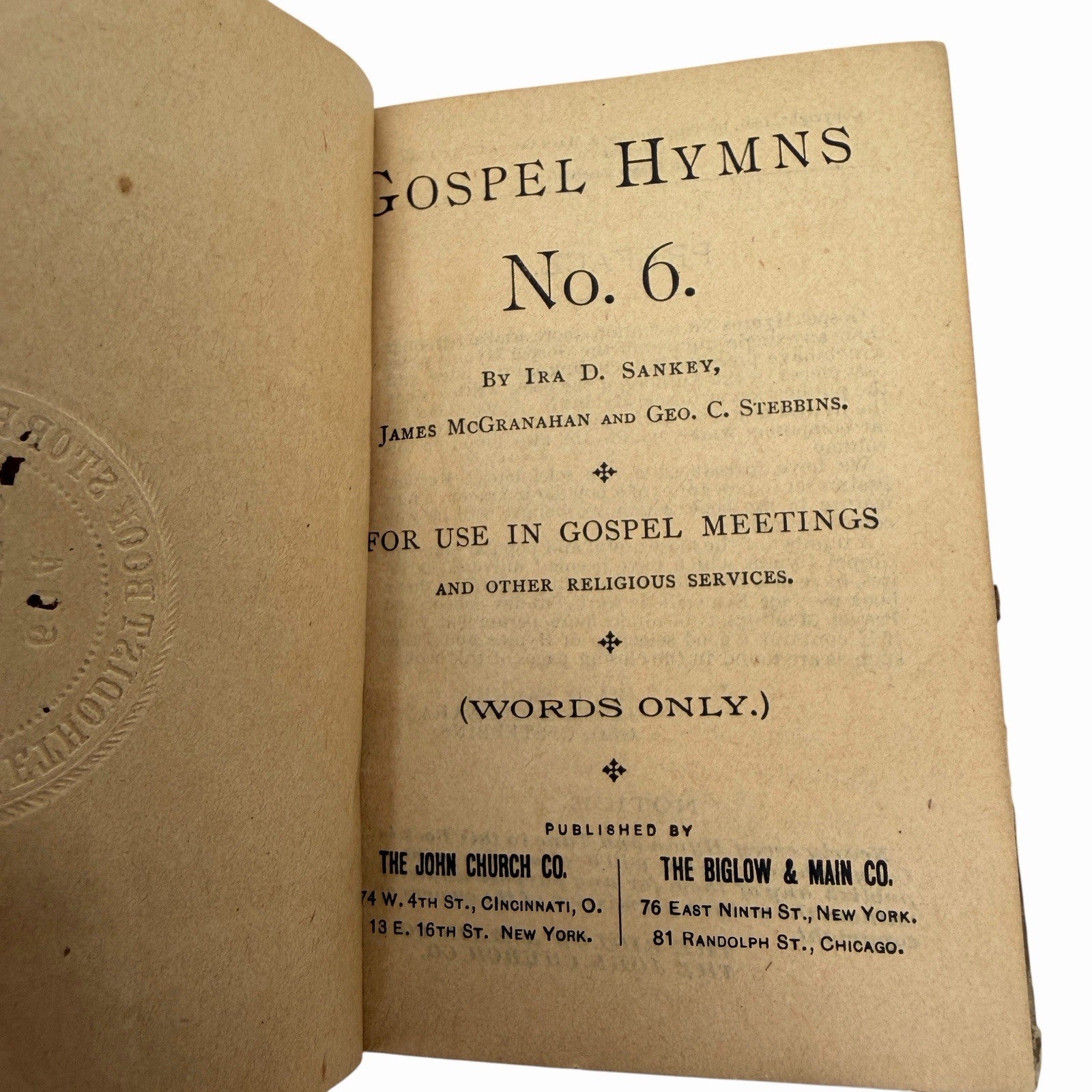 1891 Gospel Hymns No. 6 (Words Only) by Ira Sankey Biglow & Main / John Church