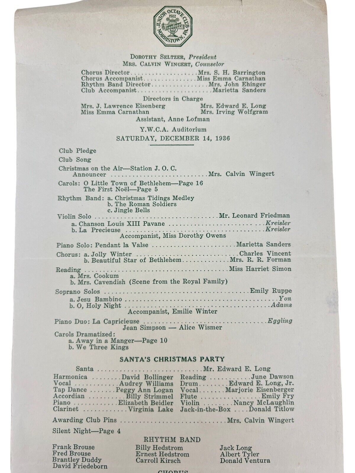 Old Concert Program Vintage 1935 & 1936 JUNIOR OCTAVE CLUB Concert Program CHRISTMAS Norri ...