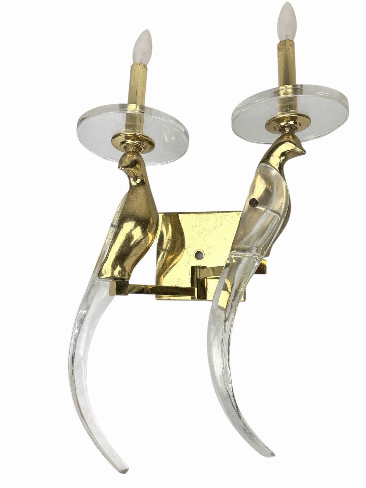 Vintage NULCO Birds Of Paradise SCONCE Double CRYSTAL & BRASS w/ Shades