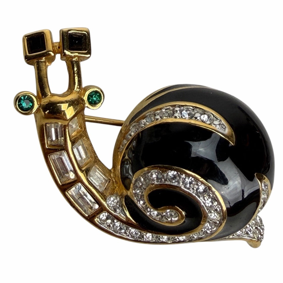 Vintage SWAROVSKI Black, Gold, Green Crystal SNAIL BROOCH PIN Signed