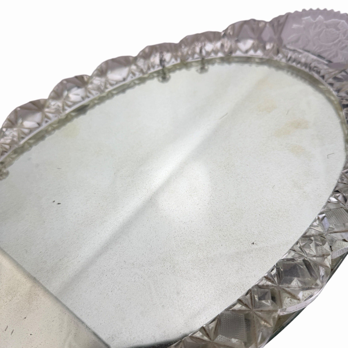 Vintage Oval Mirrored Perfume TRAY Vanity w/ Cut Crystal Glass Rim & Handles 17”