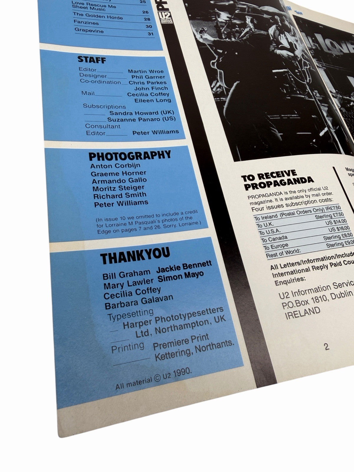 U2 PROPAGANDA World Service Fan Club Magazine Issue No. 12 1990 Love Town Tour