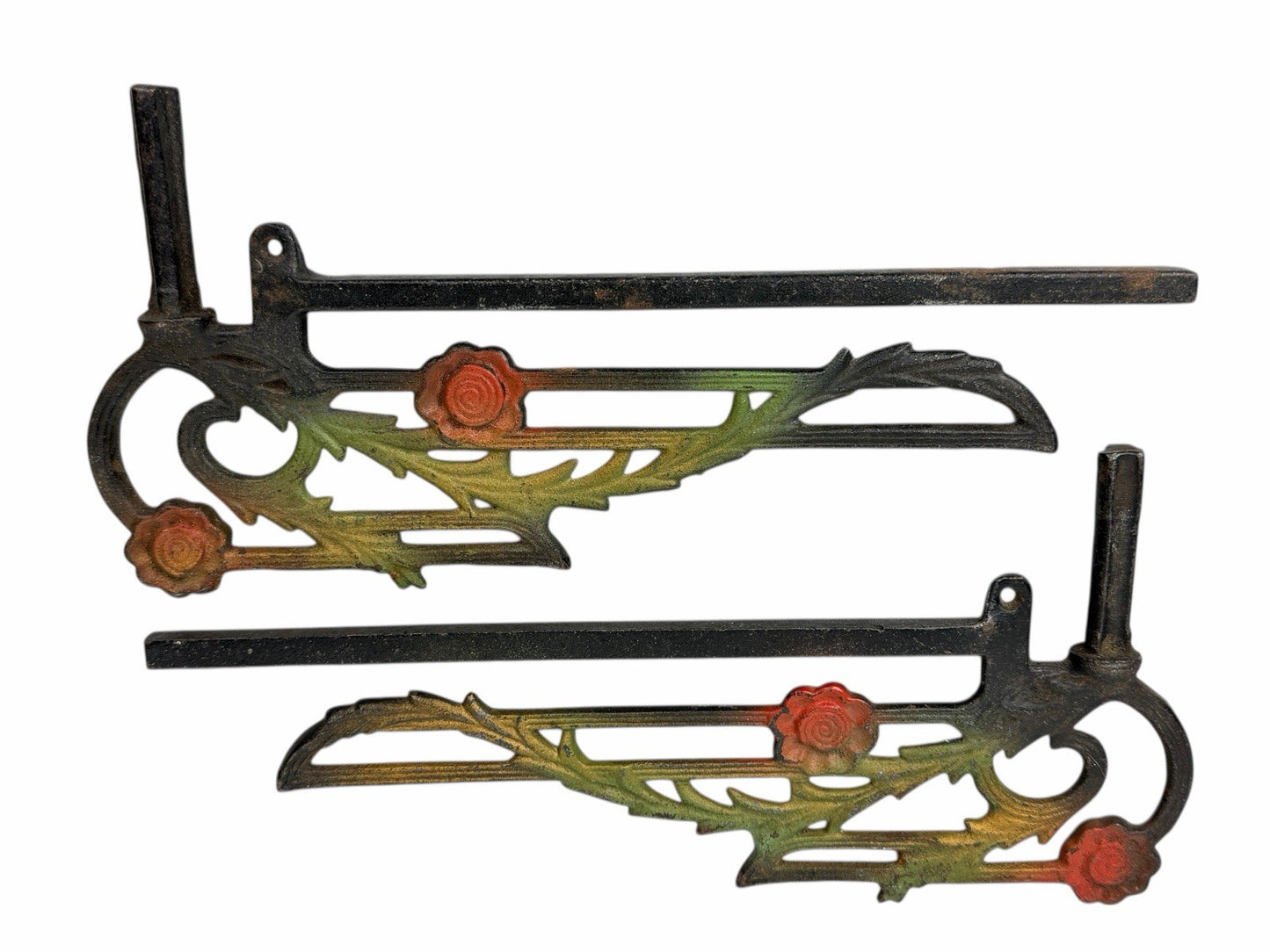 2 Antique Art Deco Cast Iron Swing Arm Curtain Rods ROSE FLORAL
