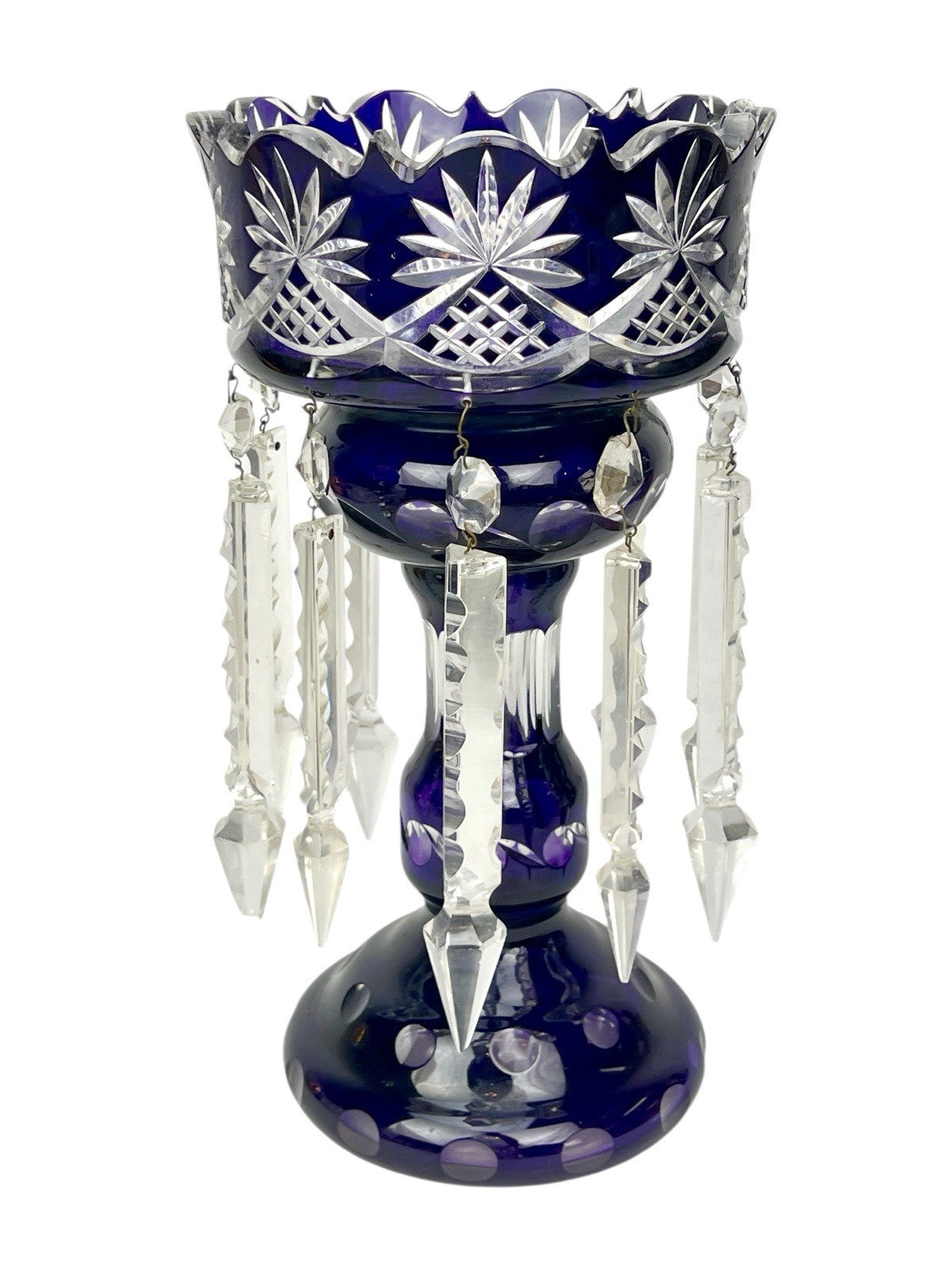 Antique Cut Crystal Amethyst To Clear PURPLE Mantle Lustre w/ Hanging Prisms