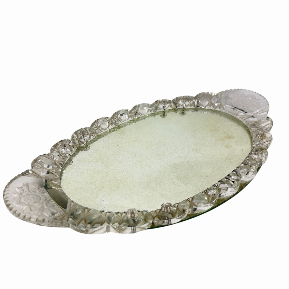 Vintage Oval Mirrored Perfume TRAY Vanity w/ Cut Crystal Glass Rim & Handles 17”
