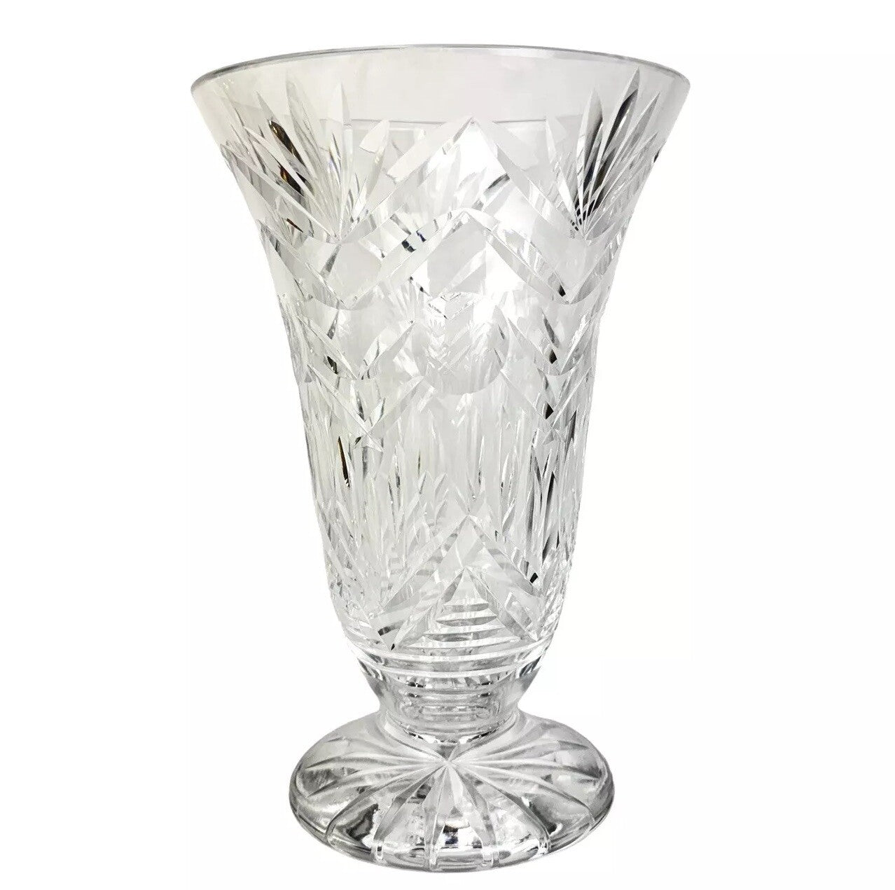 Vintage WATERFORD 10” Cut Crystal Fan Footed Flower Vase SIGNED Gothic Mark