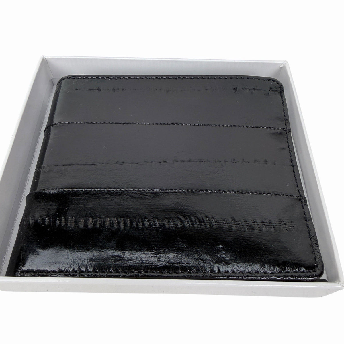 LEE SANDS Black EEL SKIN LEATHER Bifold Wallet RFID Window Flap NEW IN BOX