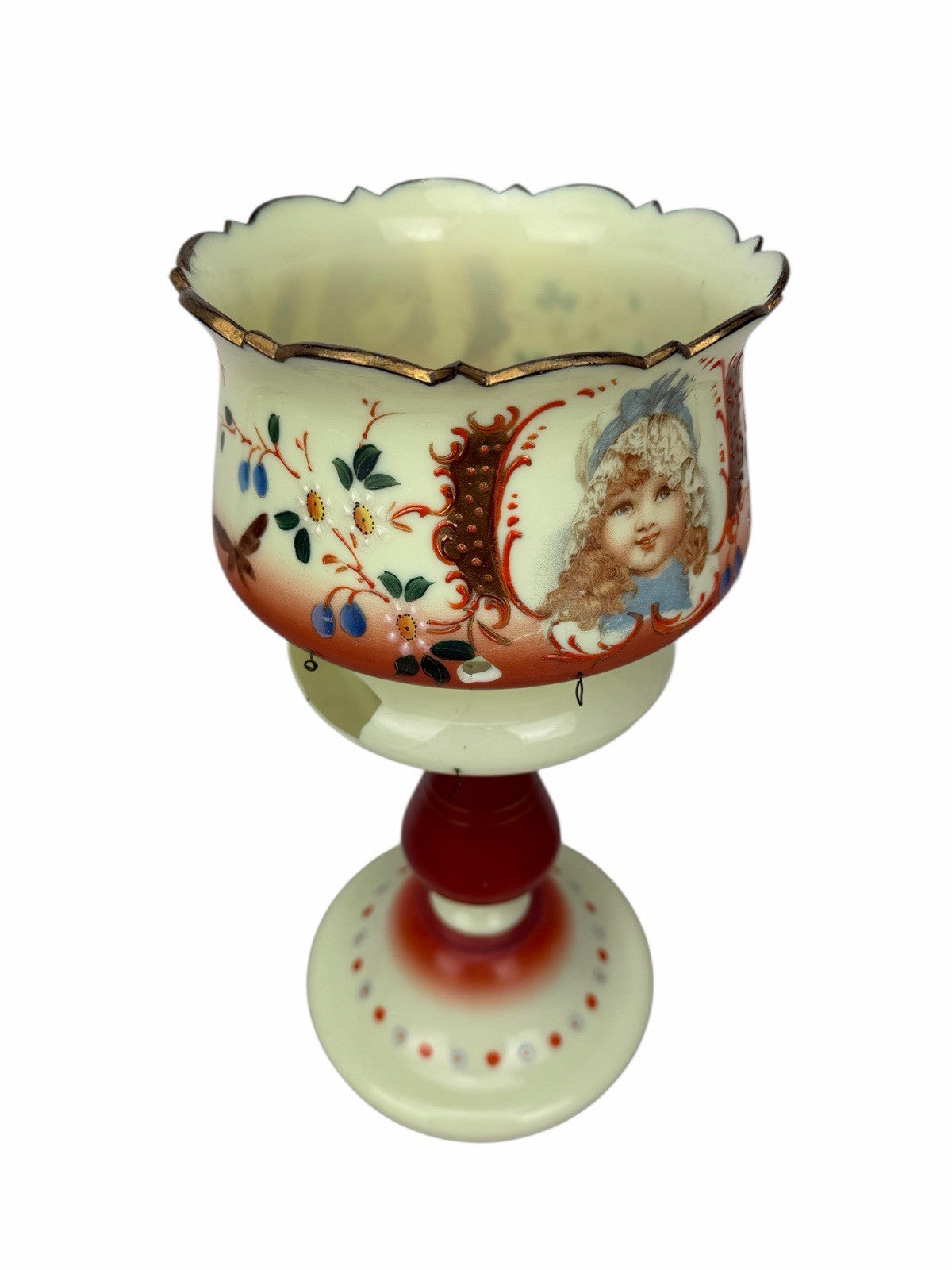 Antique Victorian Bohemian Bristol Glass CHILD PORTRAIT Mantle Lustre Luster