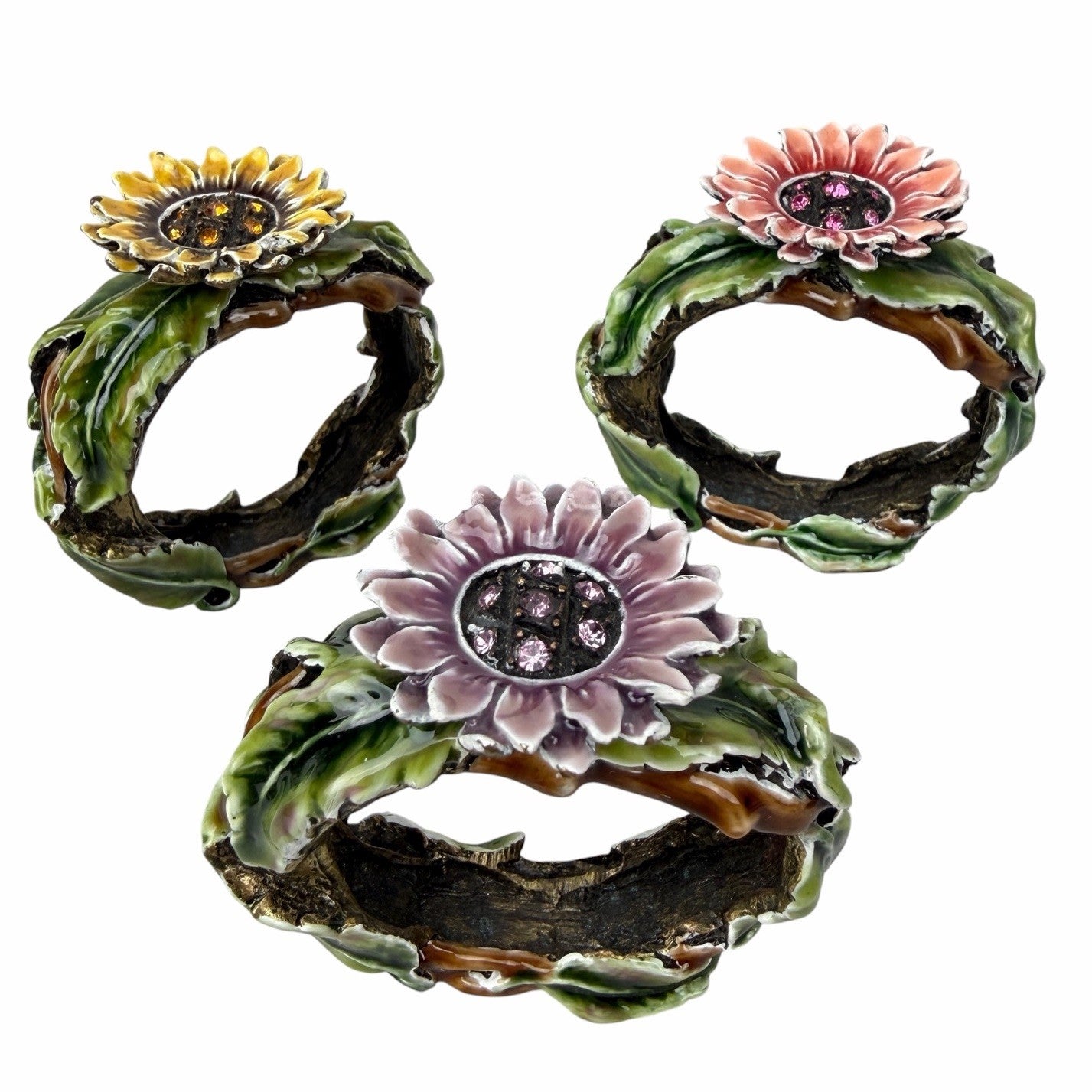 Set Of 3 Sunflower w/ Austrian Crystal Rhinestones NAPKIN RINGS Bronze Metal